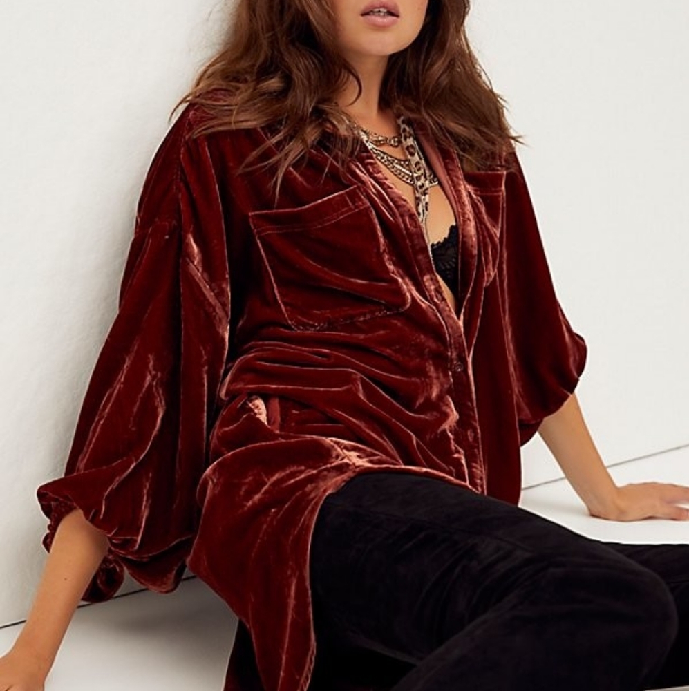 Free People Lux Velvet Shirt Dress in Rusty red colour
